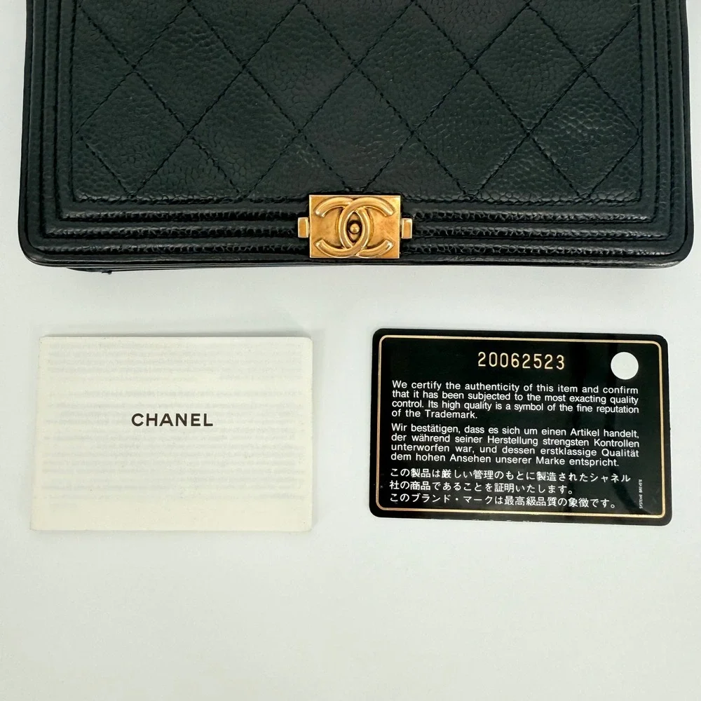 Chanel Boy Flap Wallet Black Quilted Caviar Gold Hardware Luxury Wallet on Chain